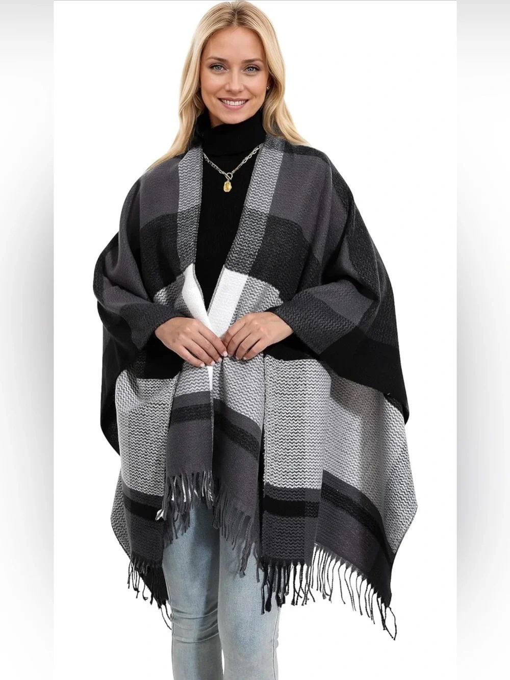 HOLDINA Plaid Ruana Poncho Shawl Wrap Fringe Open Front Oversized Gray Black